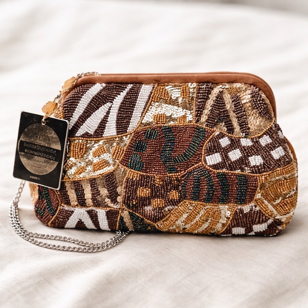 Boho Beaded Clutchโ Purse Brown Sequin Artisan Made in India Evening Bag NWT